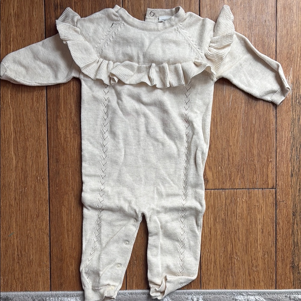 Cream Footed One Piece with Ruffle Neckline and Long Sleeves